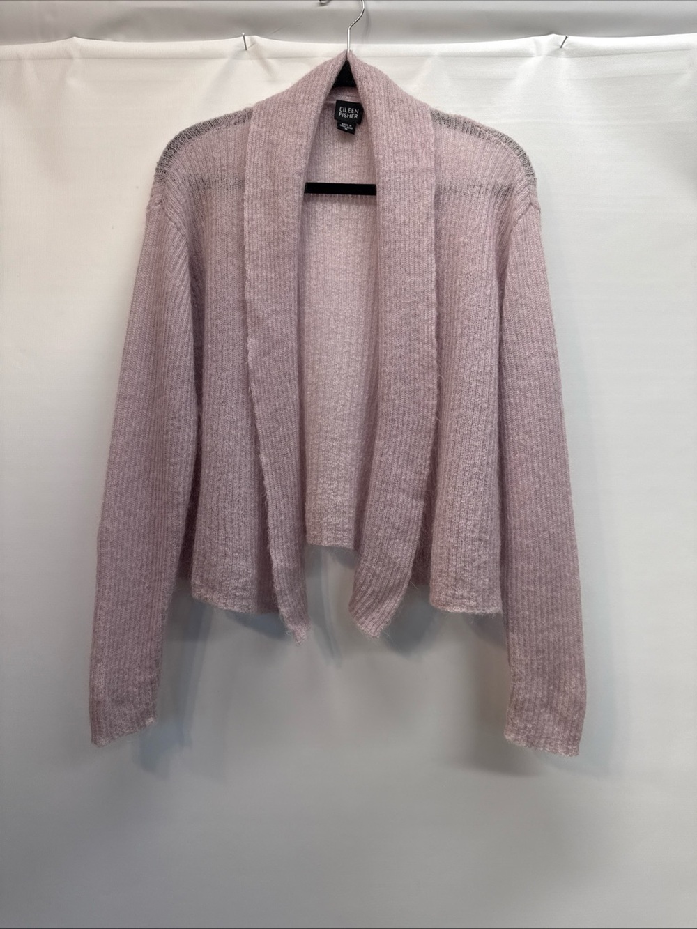 Eileen Fisher  Cardigan Purple Lilac Mohair Cropped Open Front Loose Knit Sz M